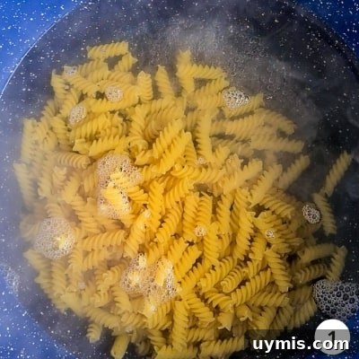 Light Chicken and Broccoli Pasta Recipe 4 Fusilli (spiral) pasta cooking in a pot of water