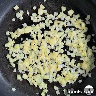 Light Chicken and Broccoli Pasta Recipe 7 Finely diced ontions and minced garlic sauteing on a nonstick pan