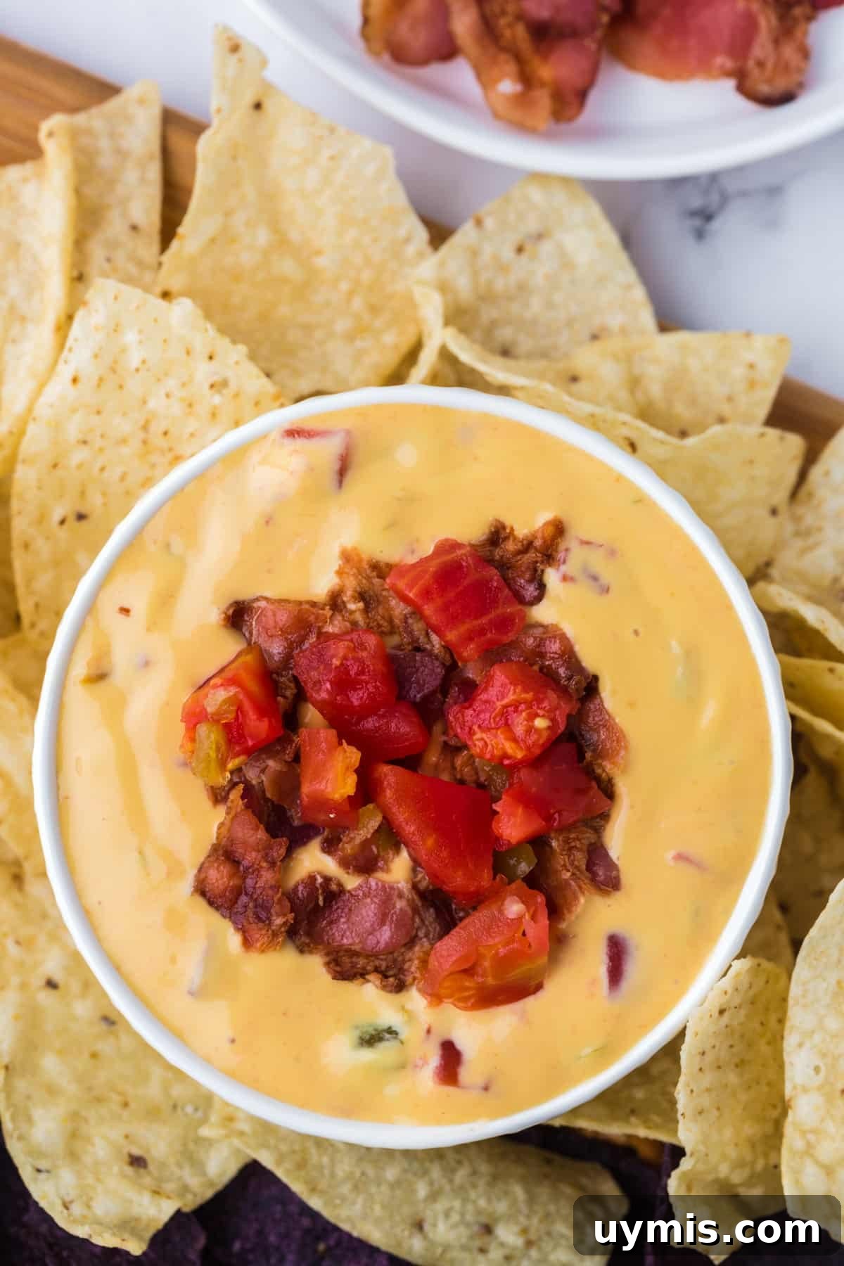 Homemade Nacho Cheese Dip Recipe 2 A small bowl of nacho cheese dip garnished with bacon and tomato.