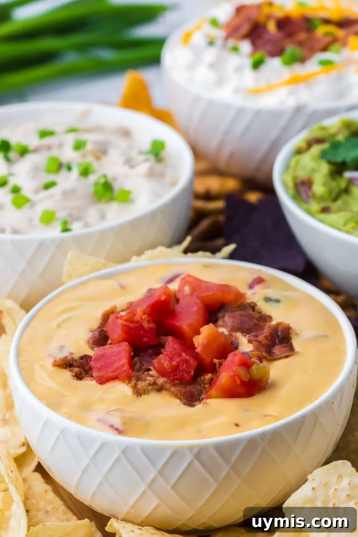 Homemade Nacho Cheese Dip Recipe 7 A bowl of nacho cheese dip garnished with bacon and tomatoes.