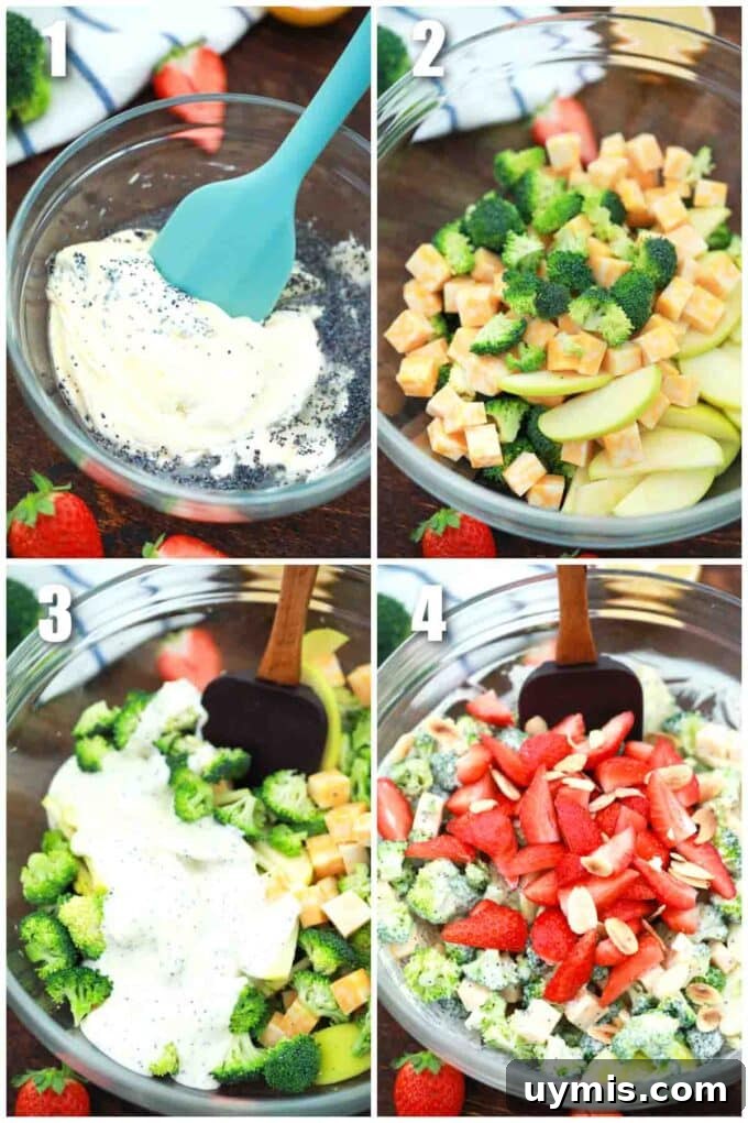 photo collage of steps how to make strawberry broccoli salad