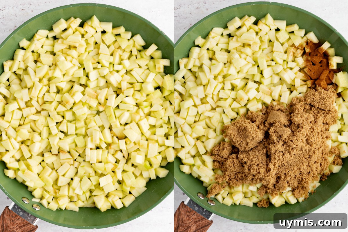 Warm Apple Hand Pies with Cinnamon and Flaky Crust 3 sauteeing cut apple pieces in a skillet with butter before and after adding the cinnamon and brown sugar.
