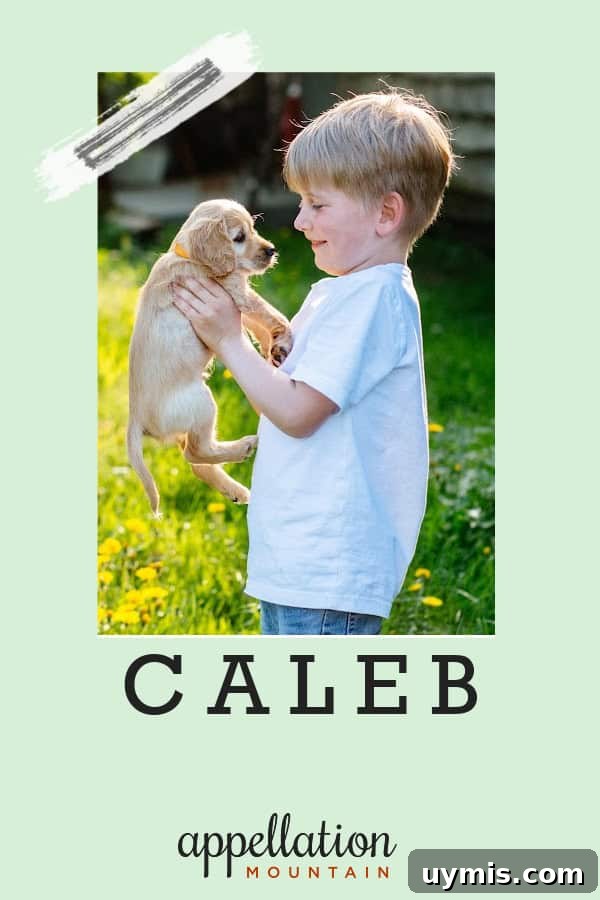 young boy wearing white tee shirt holding golden retriever puppy; "Baby Name of the Day: Caleb"