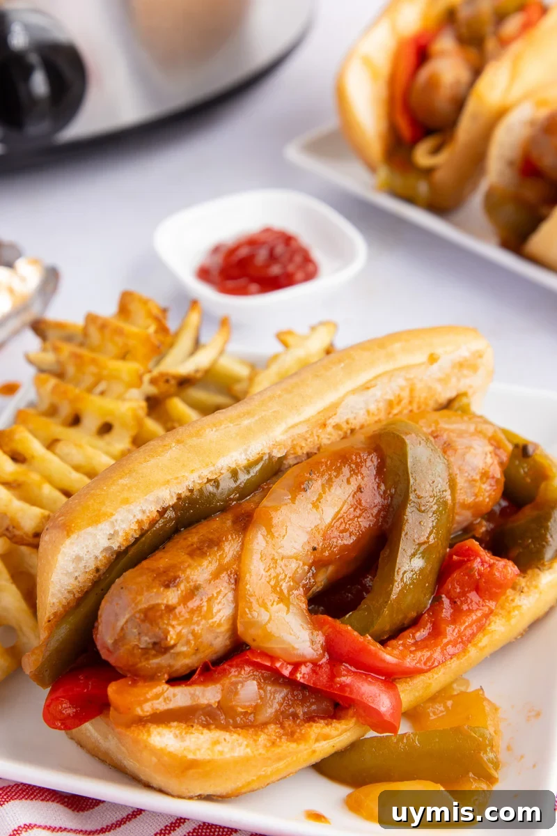 Crockpot Sausage and Peppers Recipe 2 Sausage and peppers served in a hoagie roll with fries on the side.