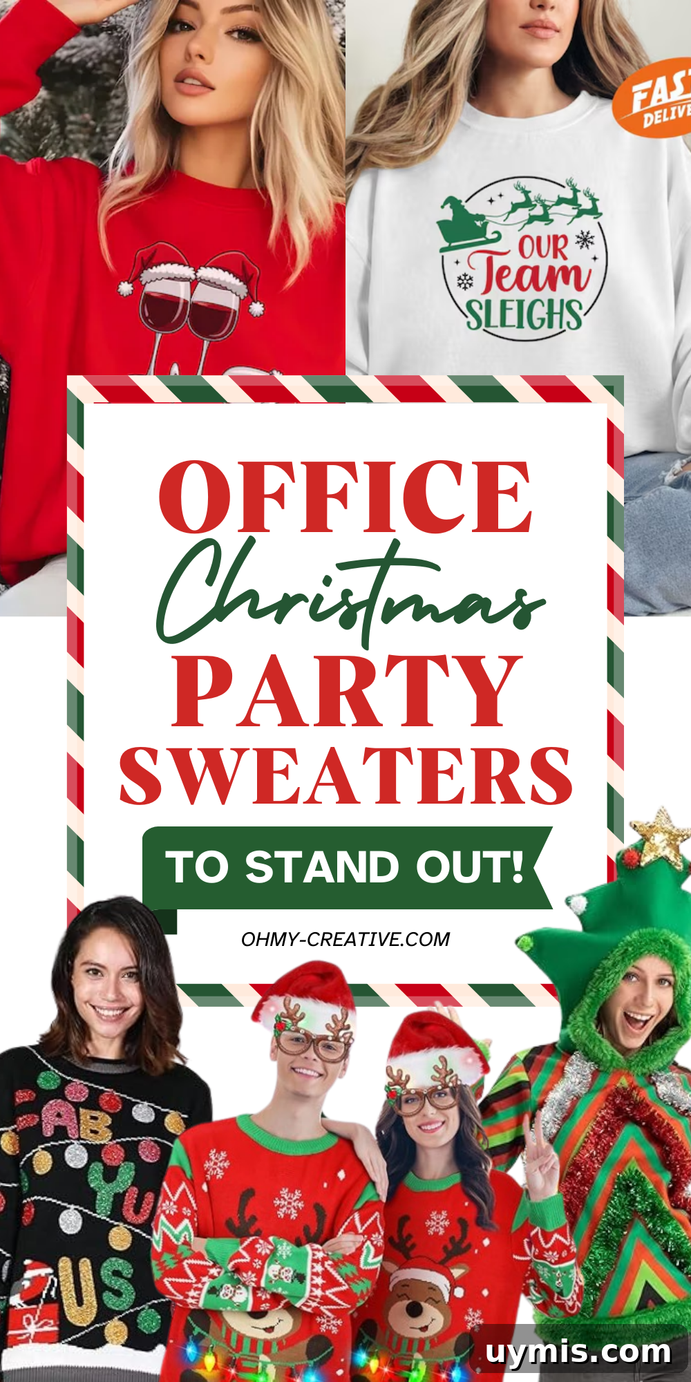 Office Christmas Party Sweaters That Stand Out 2 A collage image of Office Christmas Party Sweater that will help you find the right one for your style and sense of humor!