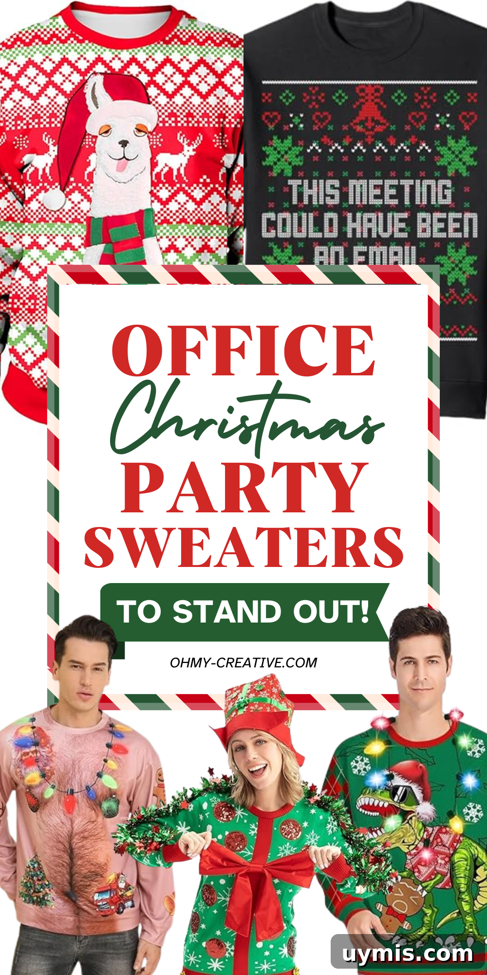 Office Christmas Party Sweaters That Stand Out 4 A collage image of Office Christmas Party Sweater that will help you find the right one for your style and sense of humor!