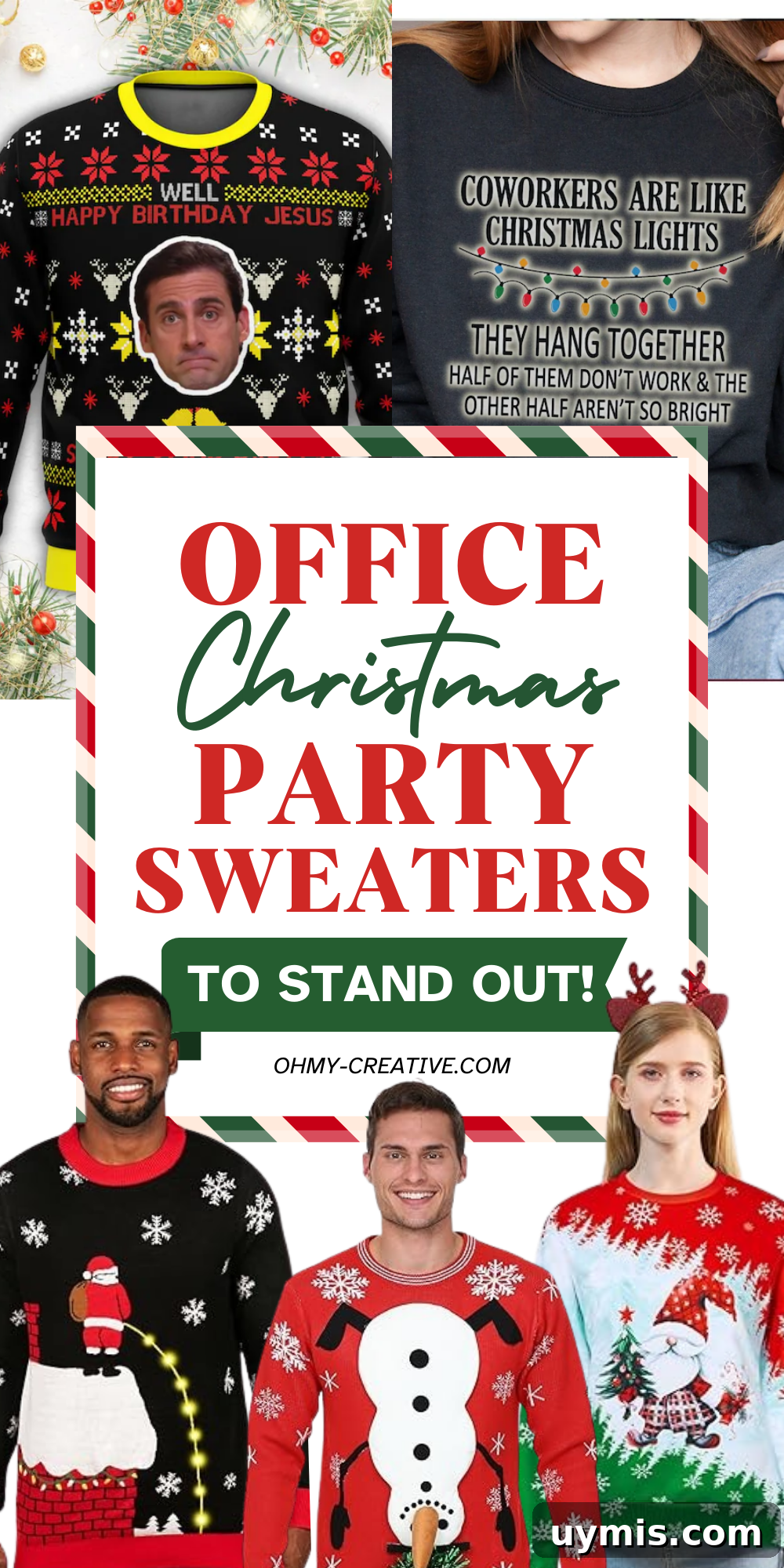 Office Christmas Party Sweaters That Stand Out 5 A collage image of Office Christmas Party Sweater that will help you find the right one for your style and sense of humor!