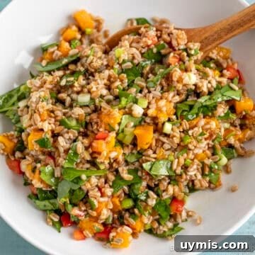 Farro Salad with roasted butternut squash and spinach in a white bowl.