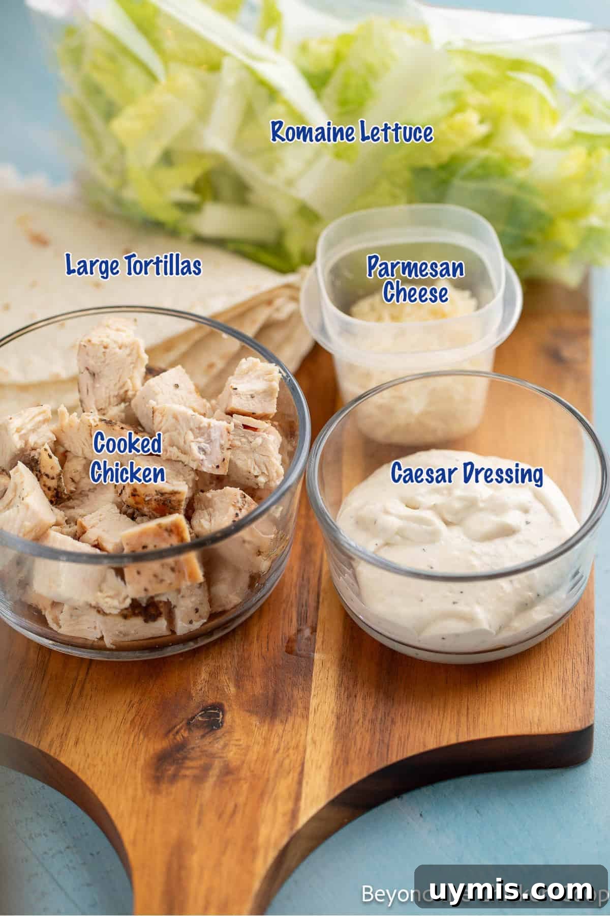 Chicken Caesar Wrap with Creamy Dressing 2 Ingredients for making a Caesar salad wrap.