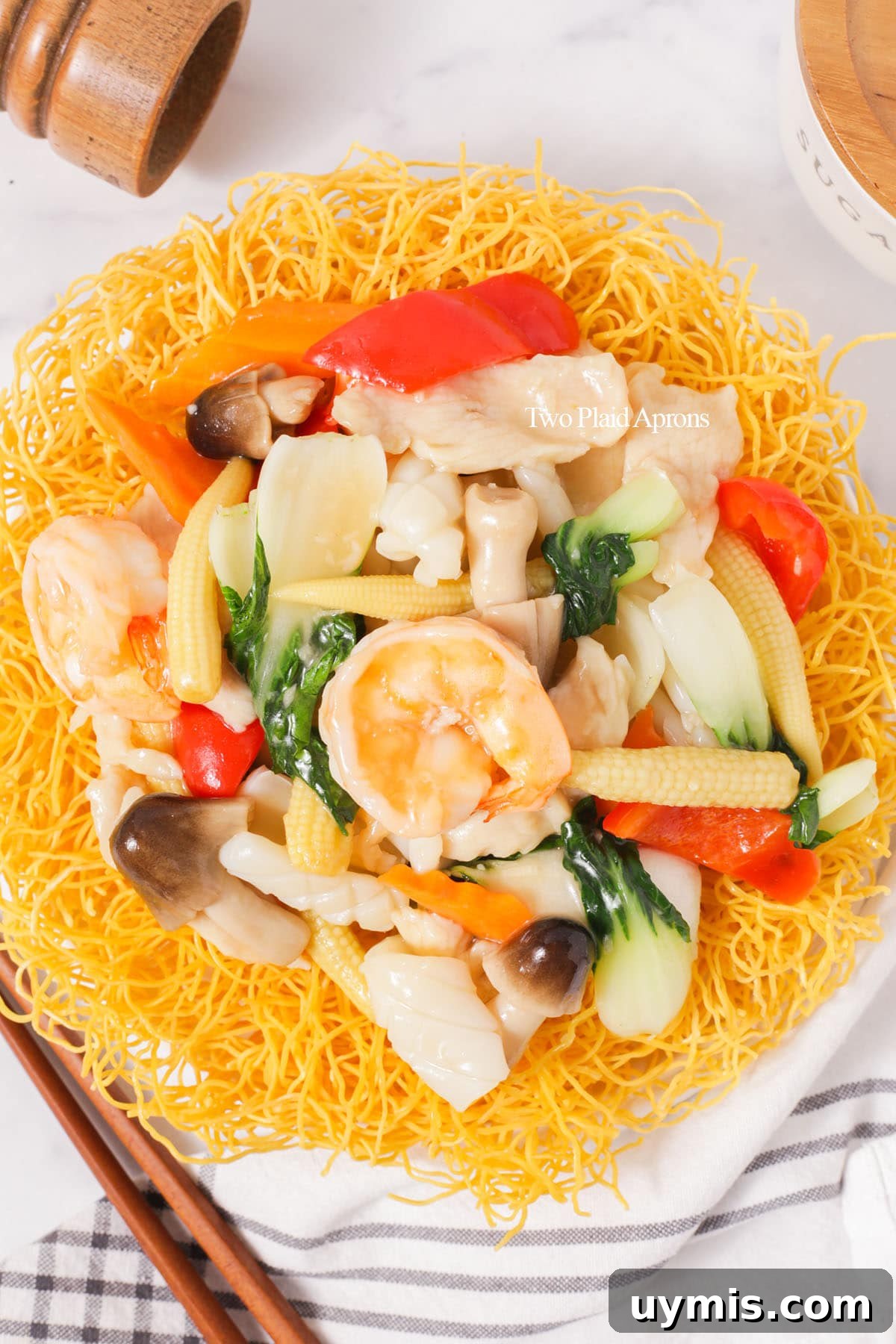 Vietnamese Crispy Noodle Stir Fry Mi Xao Gion 34 Top down of mi xao gion.