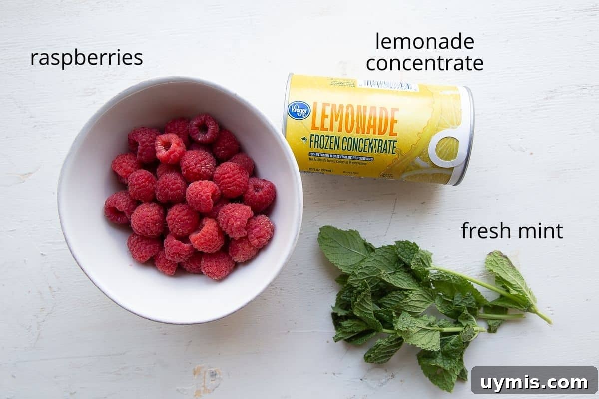 Two Ingredient Raspberry Lemonade Recipe 4 raspberry lemonade ingredients on a white table.