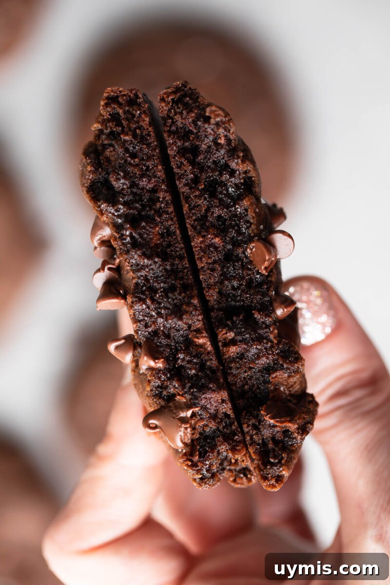 Double Chocolate Cookies halved to show interior