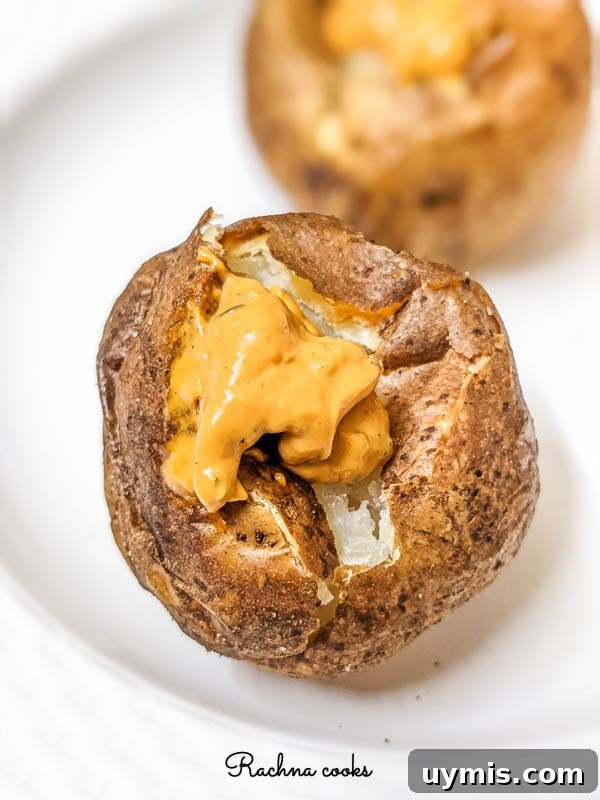 Crispy Air Fryer Baked Potatoes 2 Crispy brown air fryer baked potatoes with a spicy mayo dollop on top on a white background.