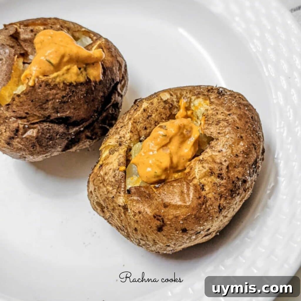 Crispy Air Fryer Baked Potatoes 5 Crispy brown air fryer baked potatoes with a spicy mayo dollop on top on a white background.