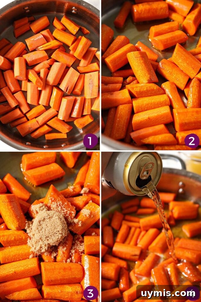 Collage showing how to make glazed carrots in a skillet