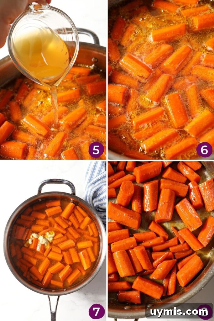Collage showing how to finish glazed carrots in a skillet
