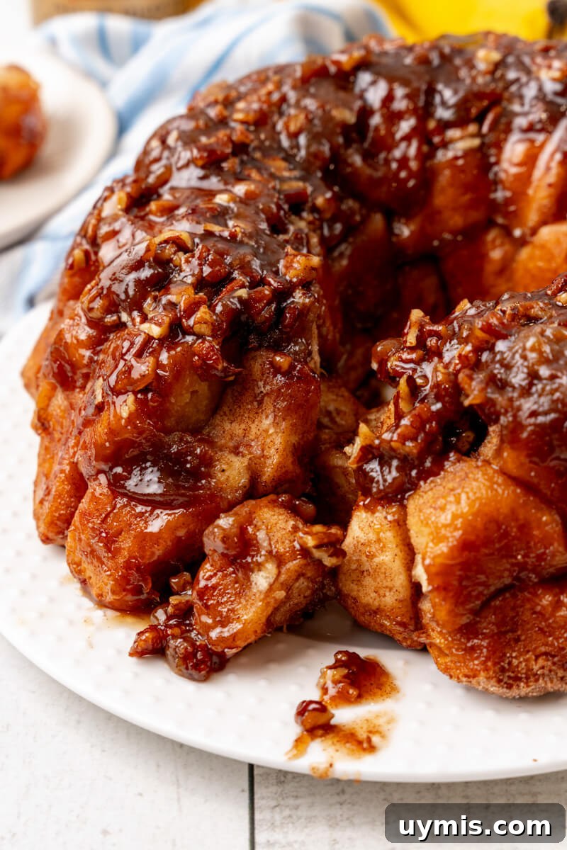 Warm Bananas Foster Monkey Bread with Rum-Caramel Glaze 3 A chunk has been taken out of the Bananas Foster Monkey Bread.