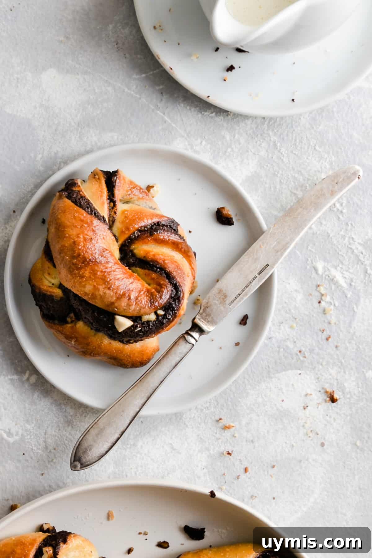 overhead shot of a single chocolate hazelnut babka bun on a small white plate