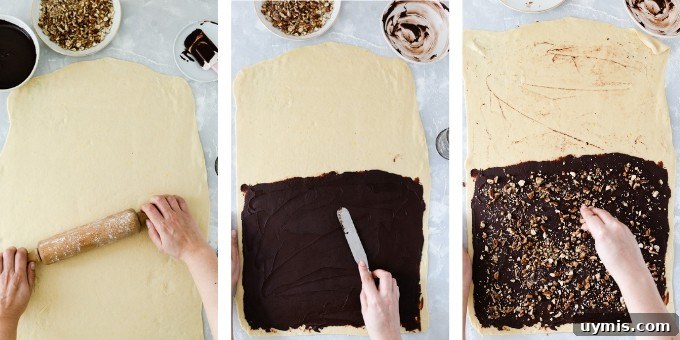 step 2- overhead shots of rolling the dough and spreading the chocolate filling and chopped hazelnuts on top
