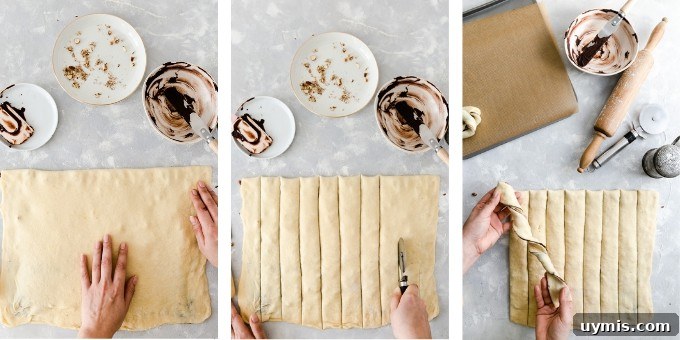 step 3- overhead shots of folding and cutting the dough into thin strips