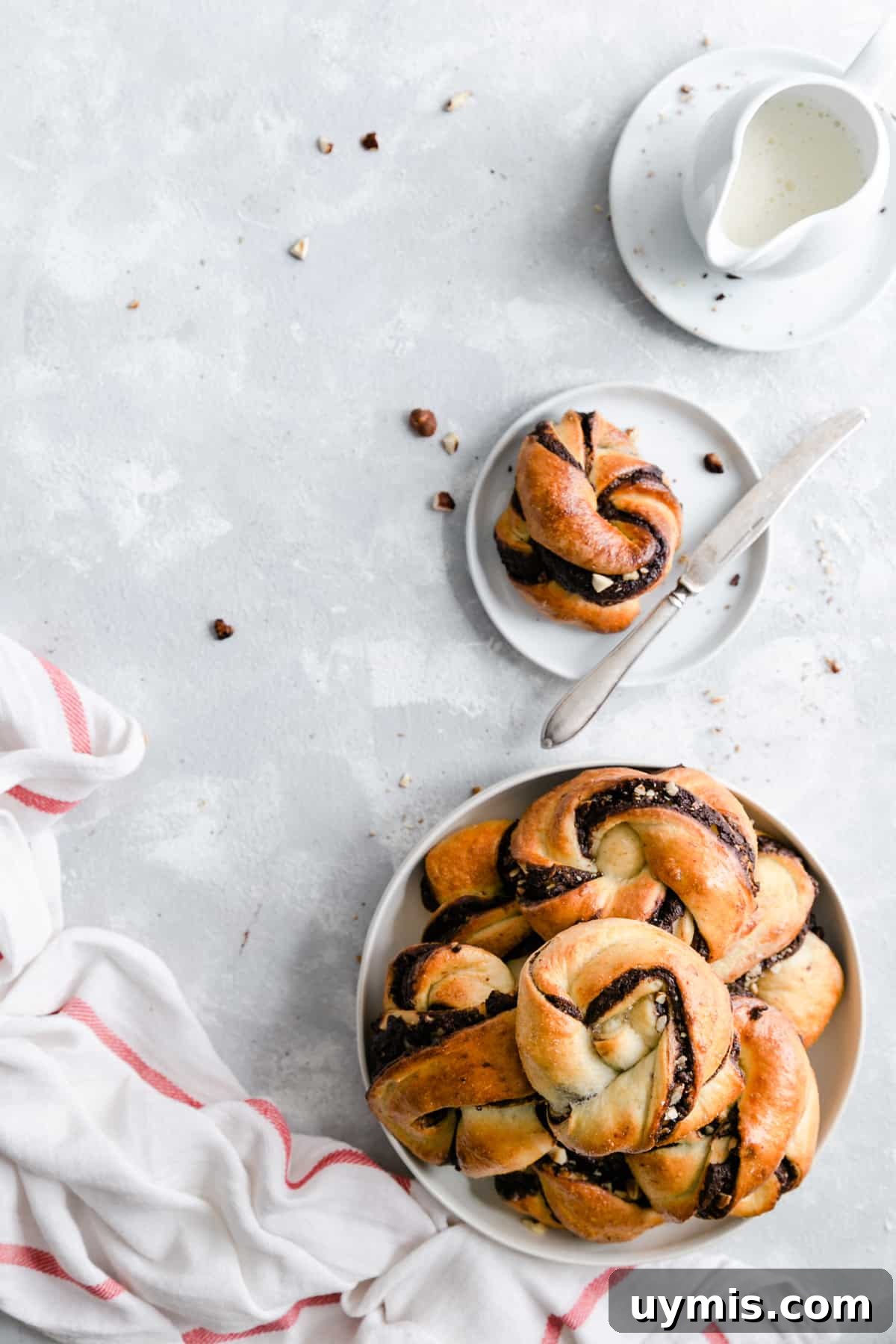 Overhead shot of big plate filled with chocolate hazelnut babka buns and small plate with one bun
