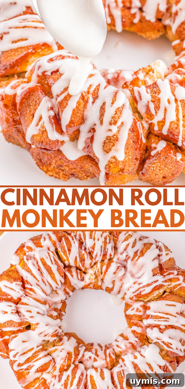 Pull-Apart Cinnamon Roll Monkey Bread Recipe 7 Cinnamon roll monkey bread with white icing being drizzled on top, displayed on a white surface.
