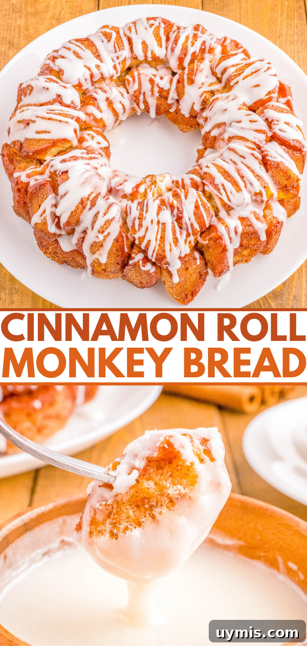 Pull-Apart Cinnamon Roll Monkey Bread Recipe 8 A cinnamon roll monkey bread topped with white icing on a wooden table, with text labels and a spoonful of icing in the foreground.