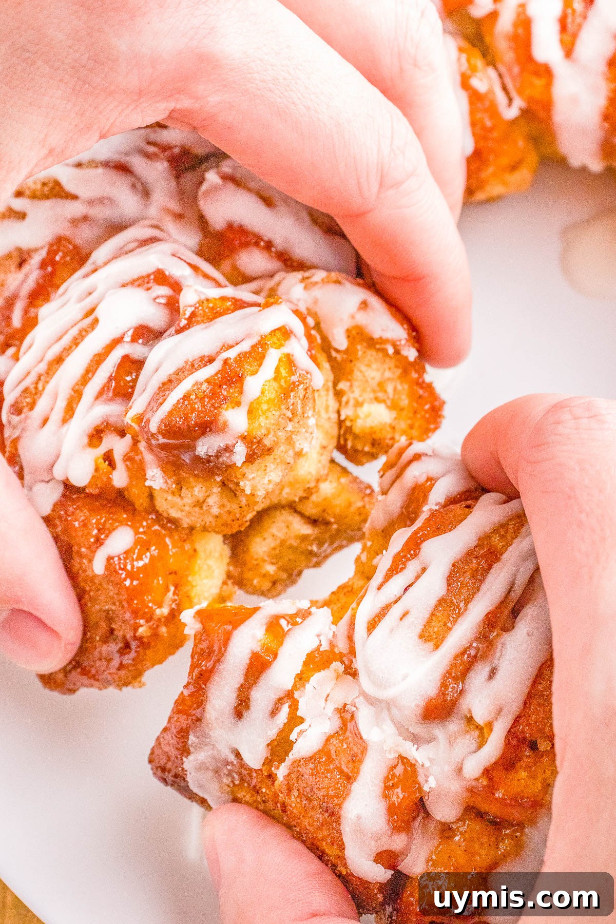 Pull-Apart Cinnamon Roll Monkey Bread Recipe 4 Hands holding a freshly baked cinnamon roll monkey bread covered in white icing, with more rolls visible in the background.