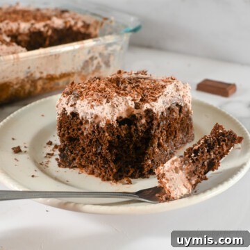 chocolate tres leches cake on a plate with a fork.