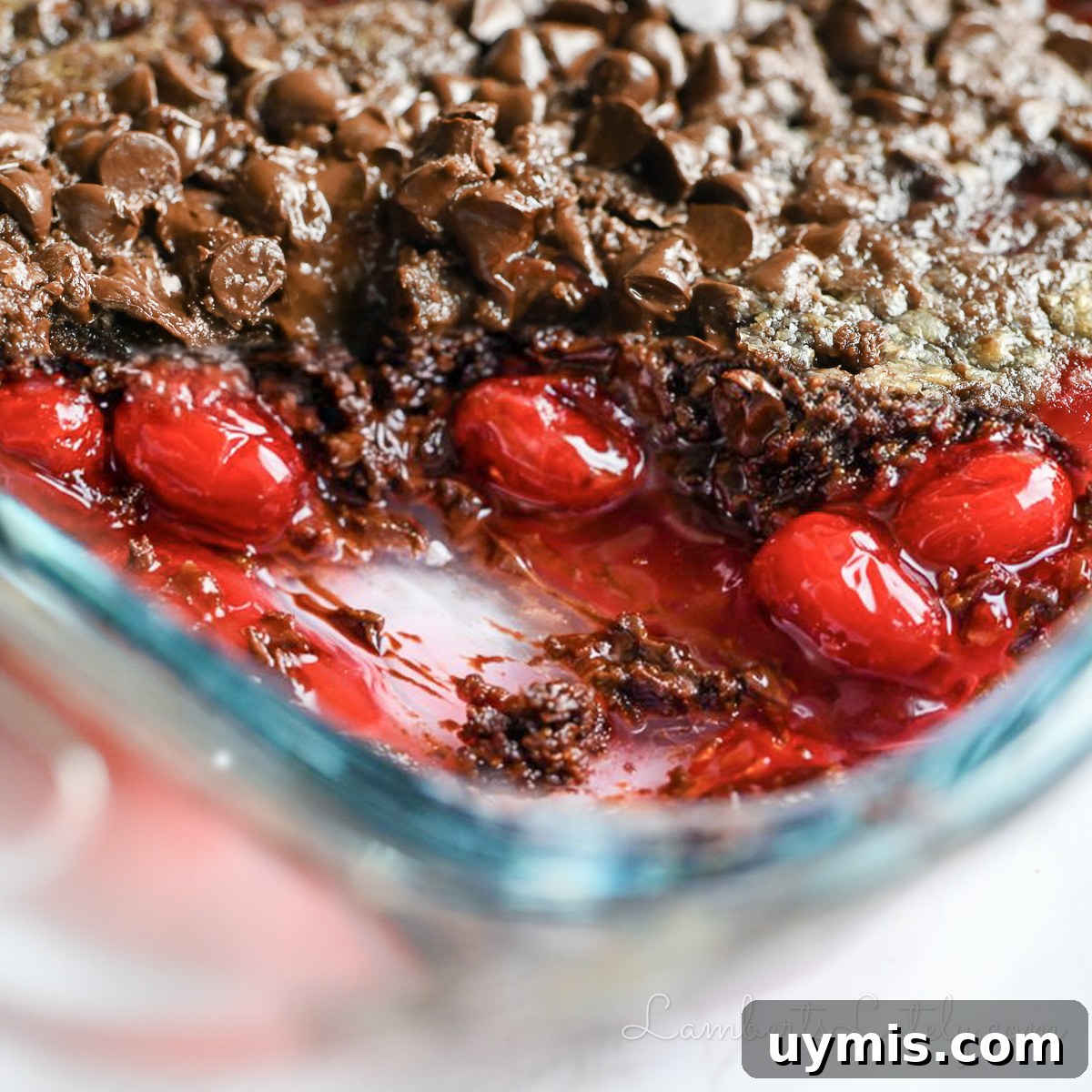 Chocolate Cherry Dump Cake Recipe 10 looking into a pan of cherry chocolate dump cake with a serving missing, showing cherries and melted chocolate.