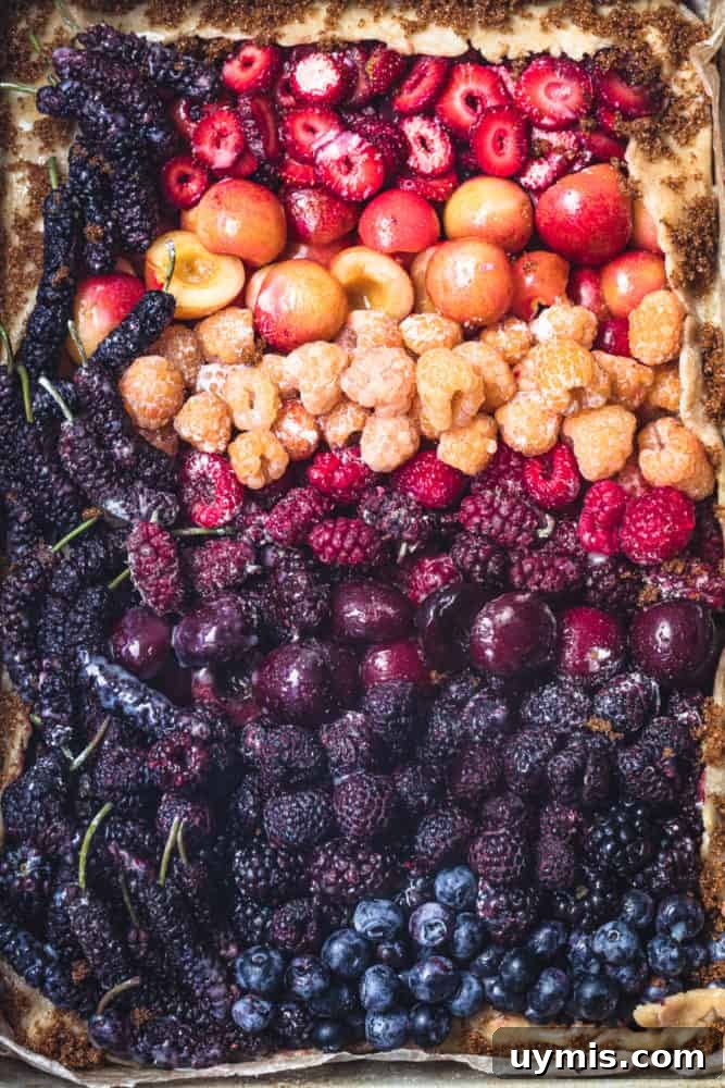 Summer Berry Galette with Fresh Seasonal Berries 8 Mixed berry galette before baking with strawberries, raspberries, cherries, mulberries, blueberries, and tayberries.