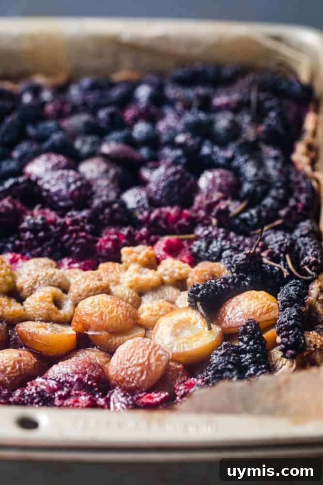 Summer Berry Galette with Fresh Seasonal Berries 10 Side view of baked mixed berry galette with golden cherries and strawberries.