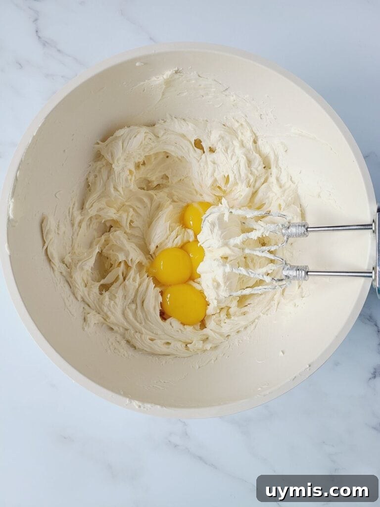 Mini Crème Brûlée Cheesecake Bites Recipe 14 Adding eggs yolks to cheesecake batter.