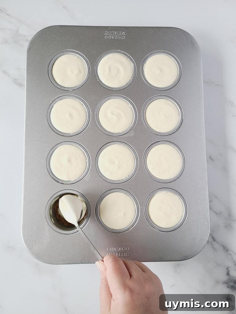 Mini Crème Brûlée Cheesecake Bites Recipe 16 Spooning cheesecake batter in mini cheesecake pan cavities.