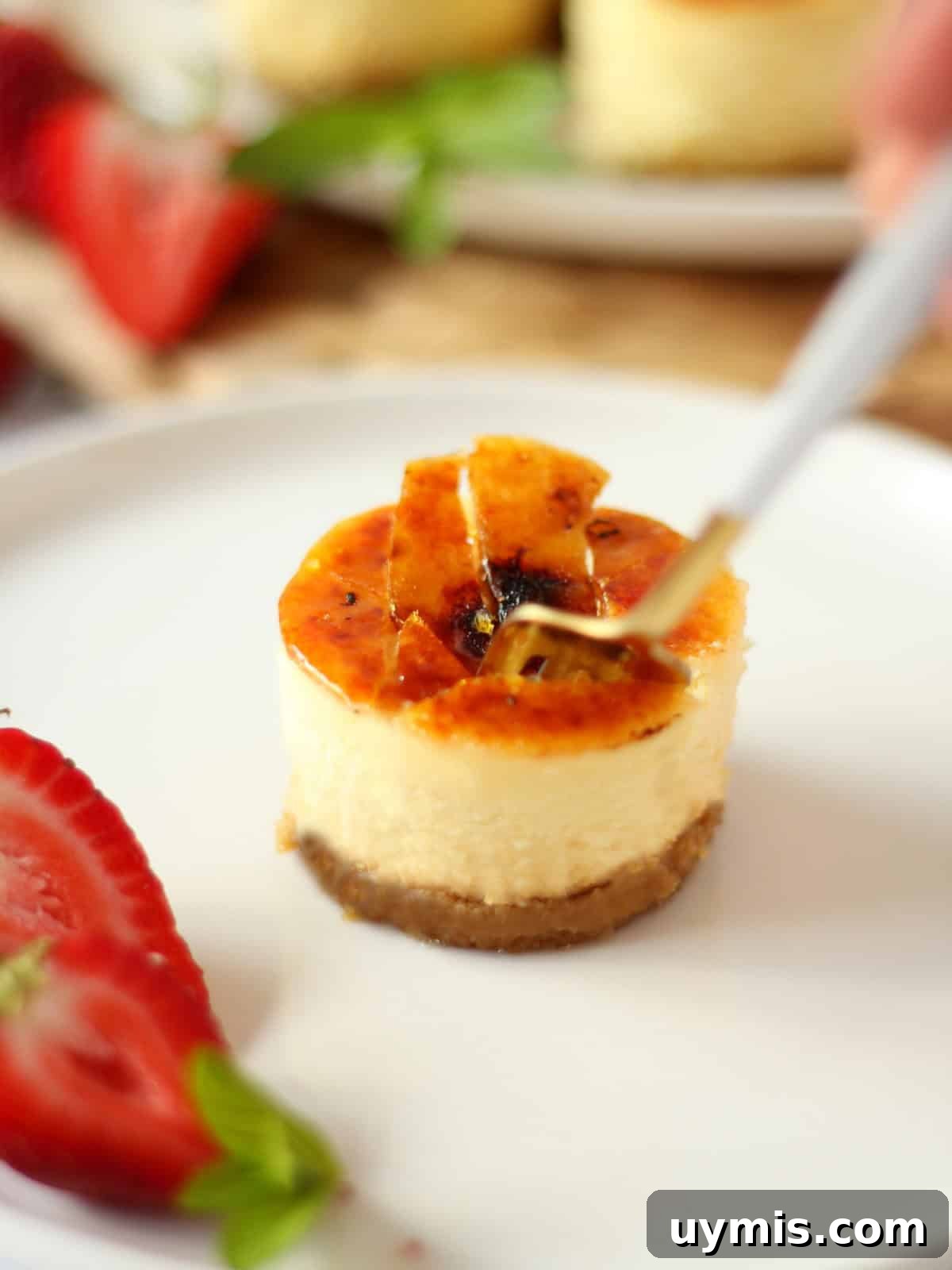 Mini Crème Brûlée Cheesecake Bites Recipe 21 Mini cheesecake with creme brulee cracked top with golden-white fork on white plate.