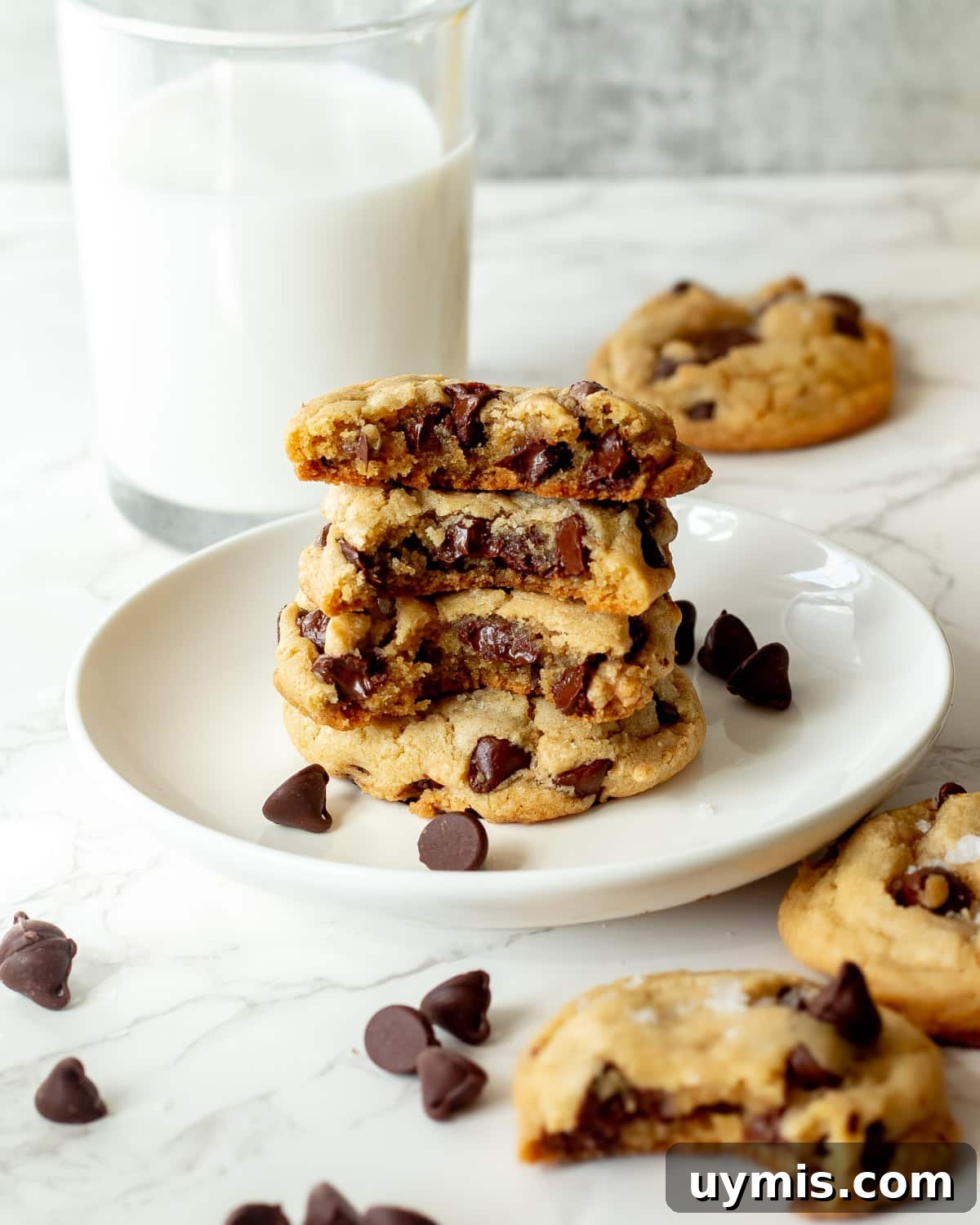 Chewy Dairy-Free Chocolate Chip Cookies 3 stack of dairy free chocolate cookies with melted chocolate chips