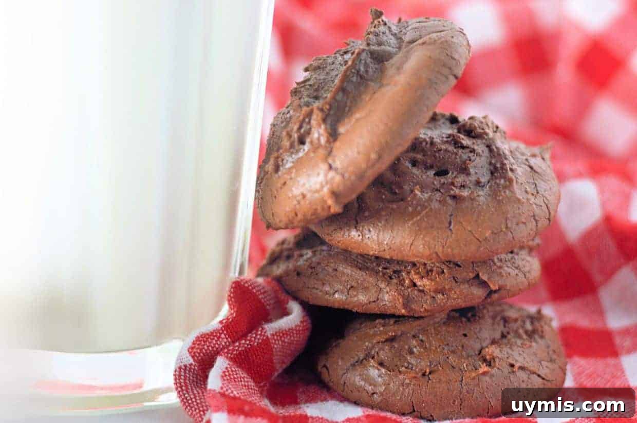 27 Chocolate Desserts You Can't Keep at Home 14 Three Fudgy Chocolate Brownie Cookies stacked beside a glass of milk on a red and white checkered cloth.