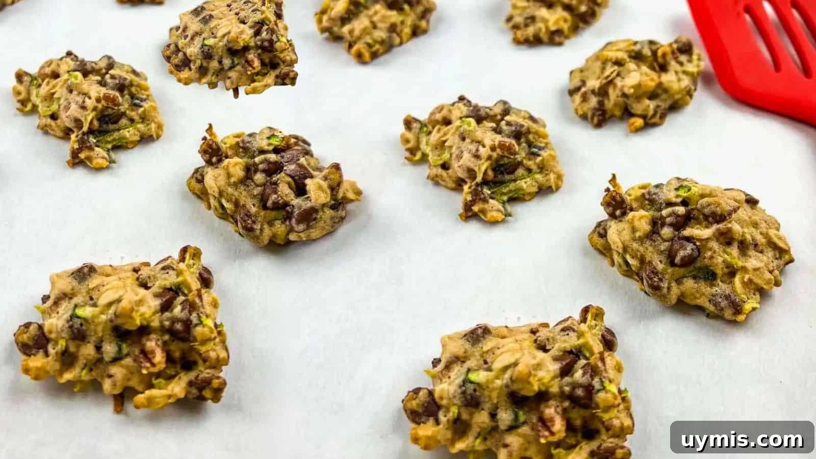 27 Chocolate Desserts You Can't Keep at Home 17 A batch of Zucchini cookies with chocolate & pecan on a parchment-lined baking sheet.