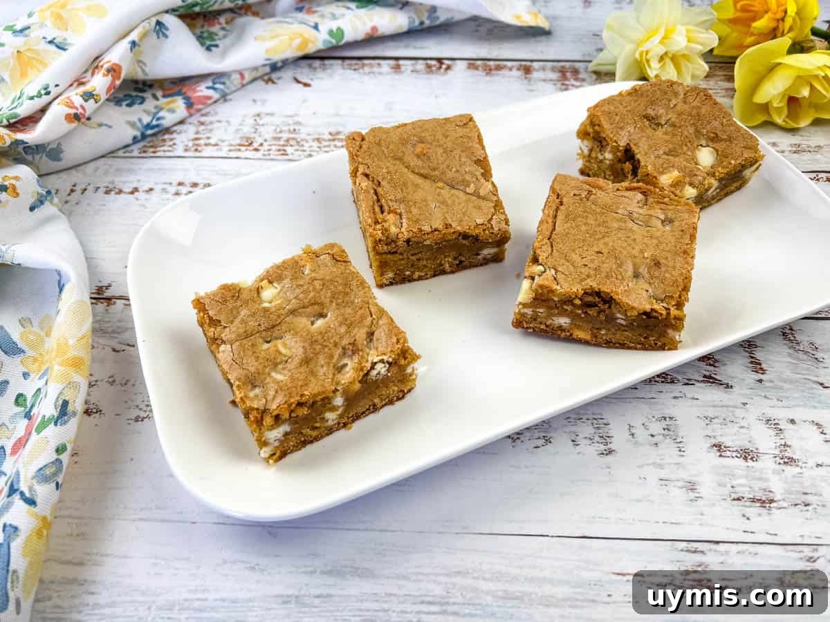 27 Chocolate Desserts You Can't Keep at Home 24 A white plate with four square pieces of Speculoos White Chocolate Blondies bars.