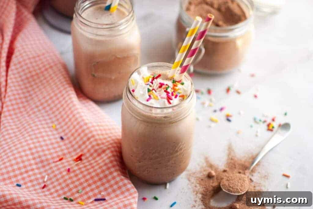 27 Chocolate Desserts You Can't Keep at Home 26 A mason jar filled with a Frozen Hot Chocolate topped with whipped cream and sprinkles, two colorful straws, surrounded by jars of cocoa powder and a pink checkered cloth.