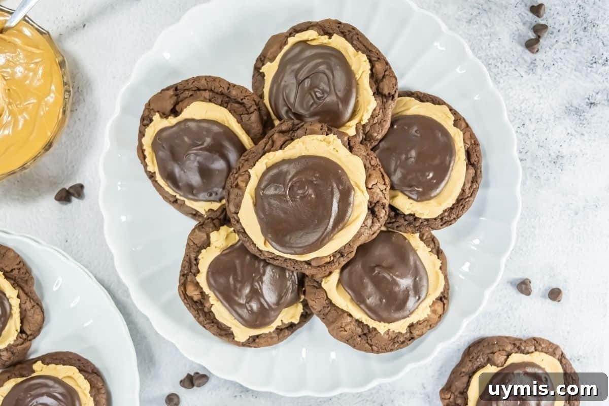 27 Chocolate Desserts You Can't Keep at Home 27 A white plate holds several chocolate cookies topped with a layer of peanut butter and a swirl of chocolate ganache.