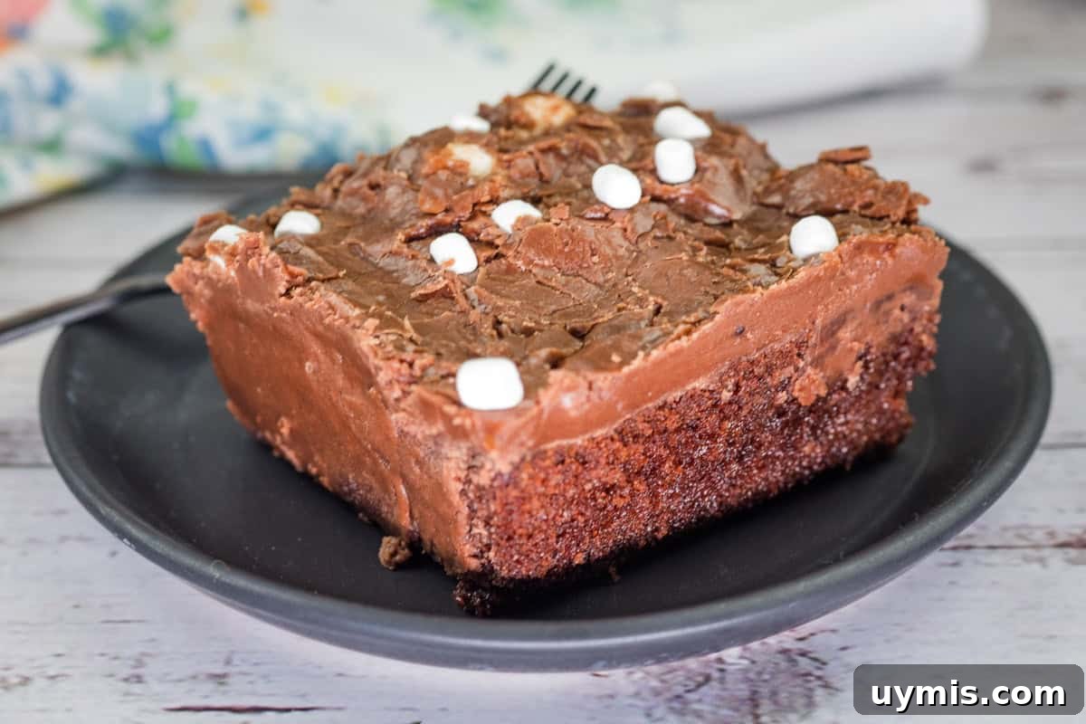 27 Chocolate Desserts You Can't Keep at Home 28 A slice of Grandma's Coca-Cola cake with chocolate frosting and small marshmallows on a black plate.