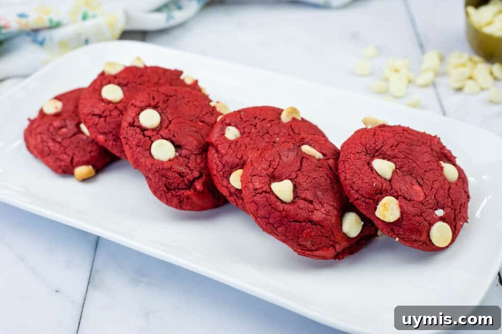 27 Chocolate Desserts You Can't Keep at Home 5 Five red cookies with white chocolate chips are arranged in a row on a rectangular white plate, set on a marble countertop.