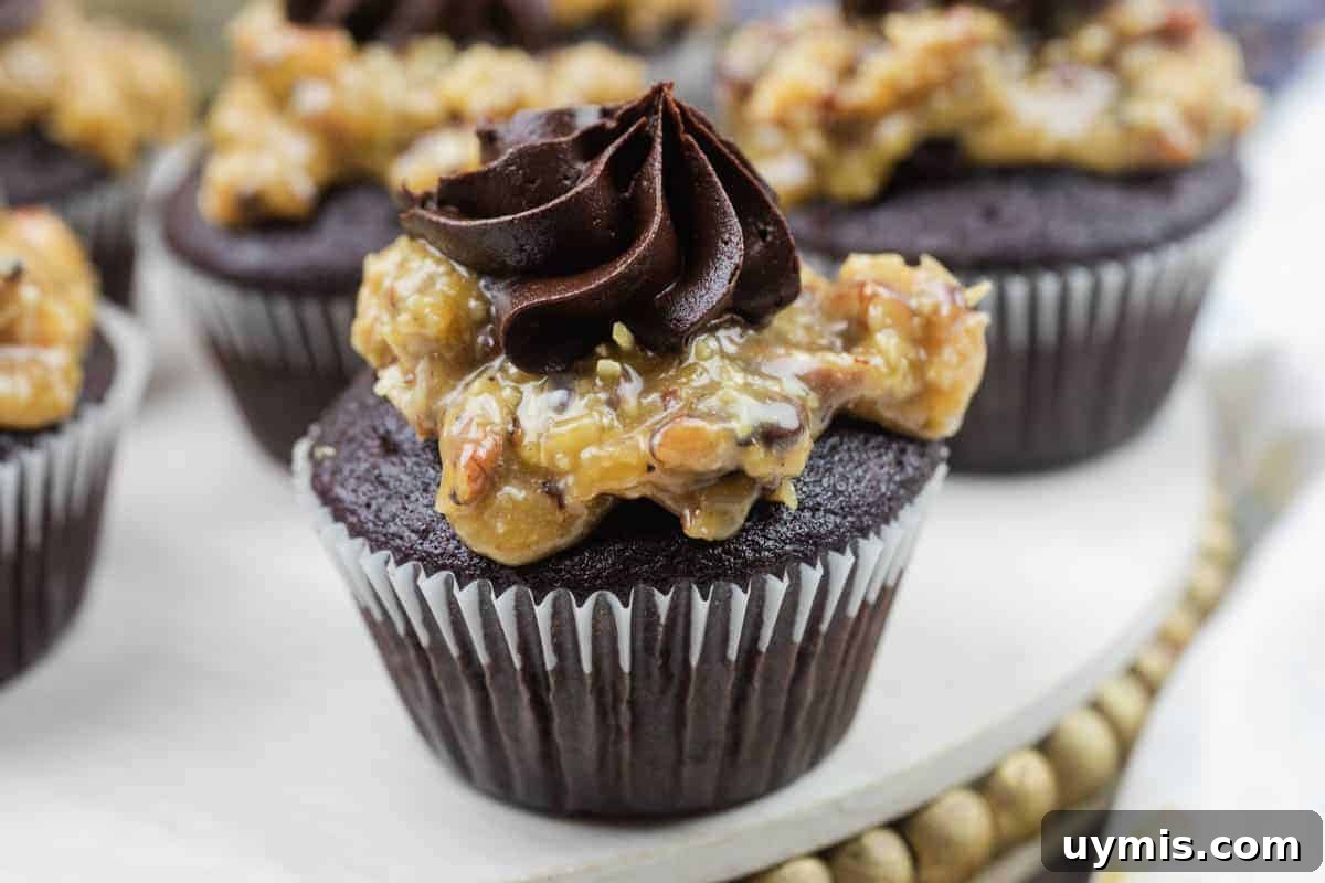 27 Chocolate Desserts You Can't Keep at Home 8 Close-up of German chocolate cupcake topped with coconut-pecan caramel and a swirl of chocolate buttercream.