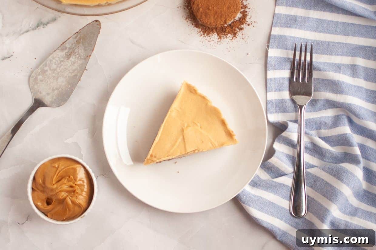 27 Chocolate Desserts You Can't Keep at Home 9 A slice of Peanut Butter & Chocolate Pie on a white plate, with a fork, a small bowl of peanut butter, a baking tool, and a striped napkin nearby.
