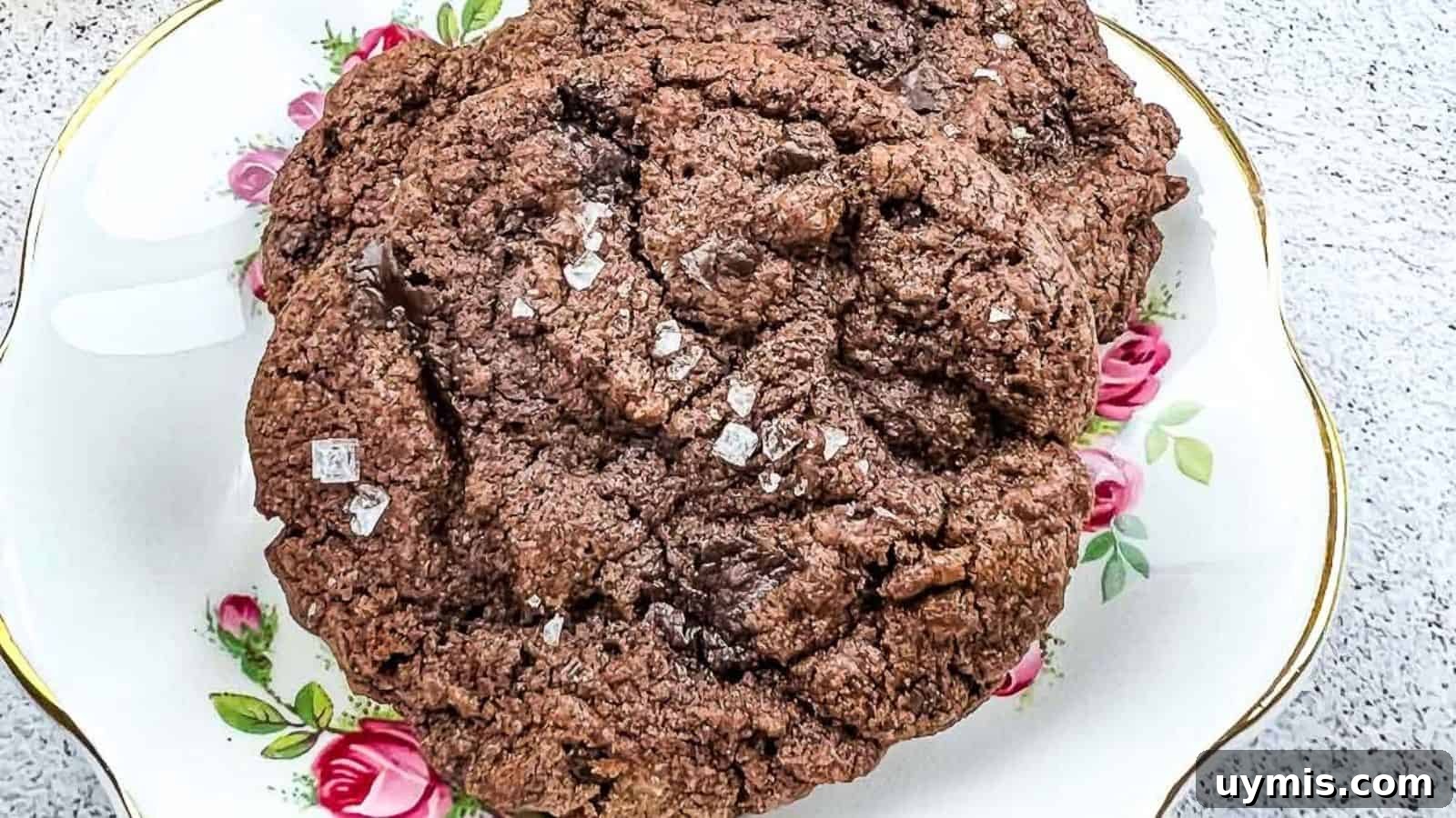 27 Chocolate Desserts You Can't Keep at Home 10 A close-up of a large chocolate cookie sprinkled with coarse salt, placed on a decorative plate with pink rose patterns.