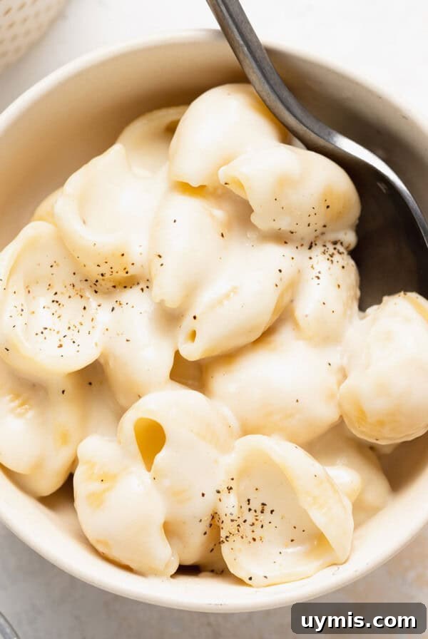 Copycat Panera Mac and Cheese Recipe 3 White cheddar mac and cheese served in a bowl with a spoon.