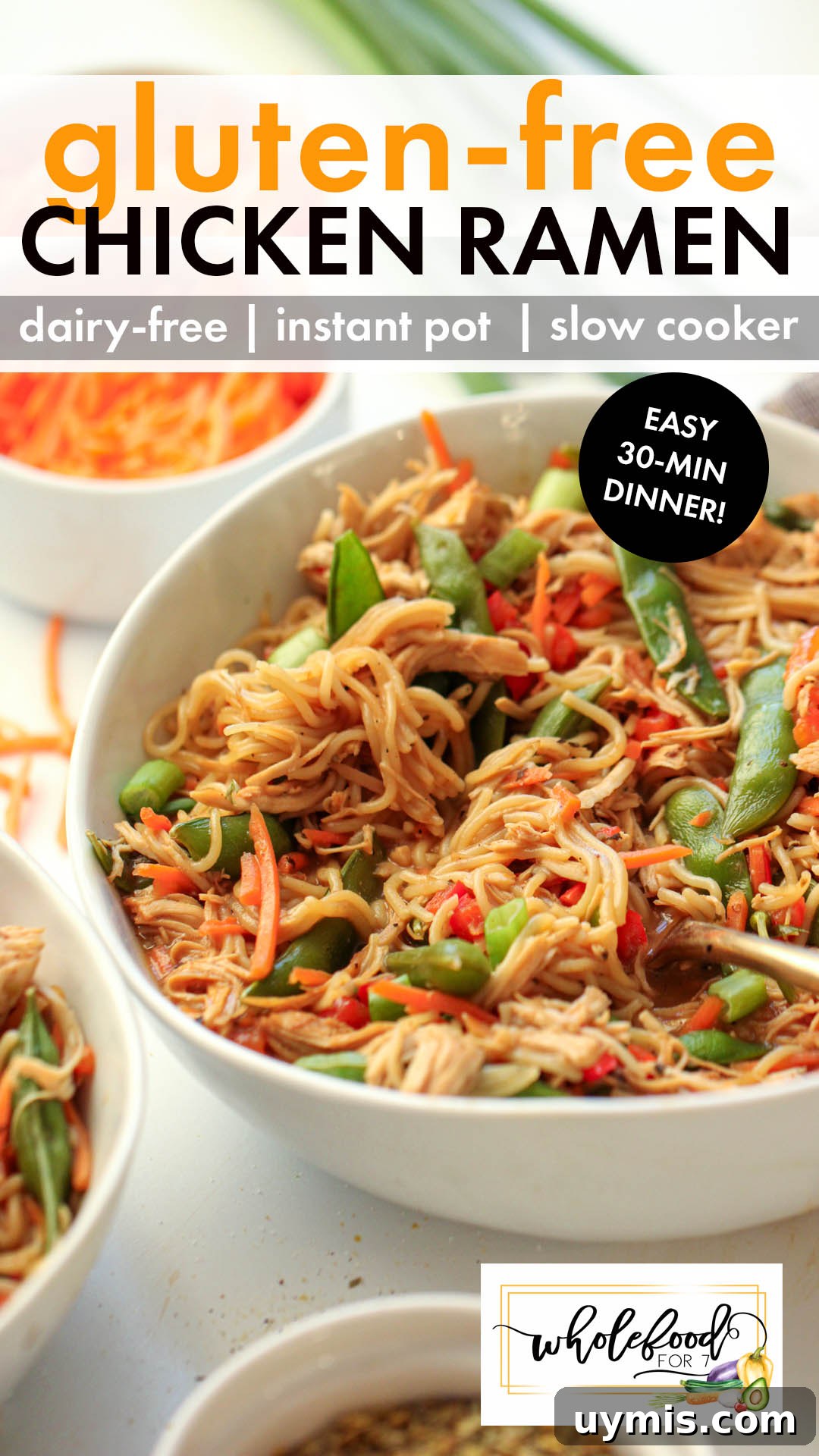 Gluten-free Chicken Ramen - An EASY family dinner that can be made in the Instant Pot or a slow cooker. Gluten-free, dairy-free, and naturally nut-free and egg-free. Can be a 30-minute meal!
