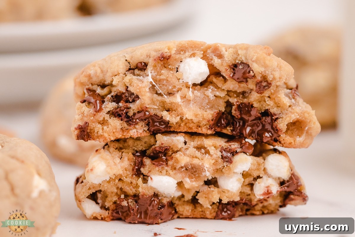 Chewy S'mores Chocolate Chip Cookies with Gooey Marshmallow 2 S'mores cookie broken in half with gooey chocolate