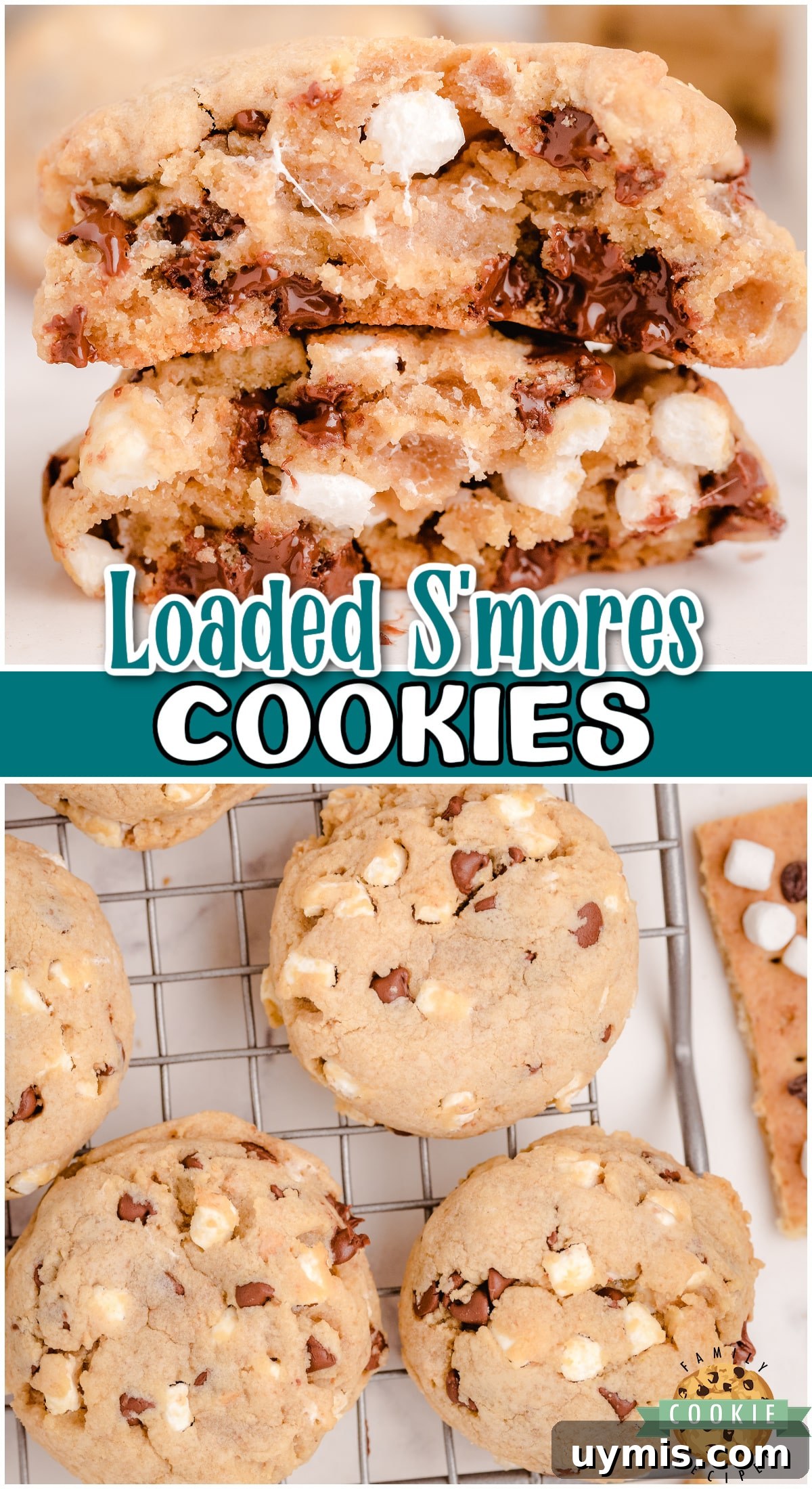 Chewy S'mores Chocolate Chip Cookies with Gooey Marshmallow 9 Smores Cookies are a delightful twist on a classic treat! These chocolate chip smore cookies are made with marshmallow bits, rich chocolate chips and soft cookie dough to create a perfectly sweet treat.